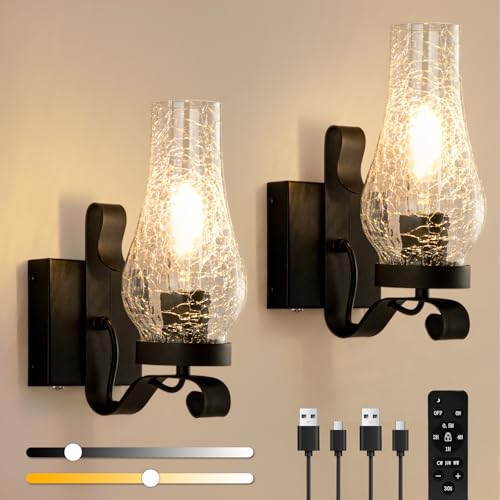 Battery Operated Wall Sconces, Ice Crackle Glass Lampshade Rustic Wall Lights, Non-Hardwired Antique Kerosene Wall Lamps, Vintage Bedside Black Wall Sconces Set of 2 for Bedroom, Hallway - color: Ice Crackle Black
