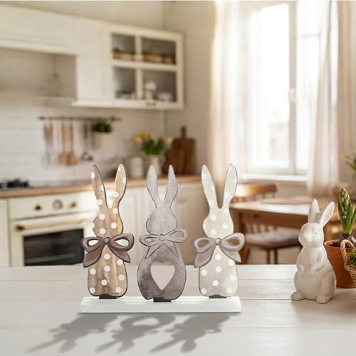 Smile Easter Bunny Trio Wooden Decor, Rustic 3-Bunny Silhouette Sign with Bows & Heart Detail for Spring Tiered Tray Decor - style: Brown Bunny
