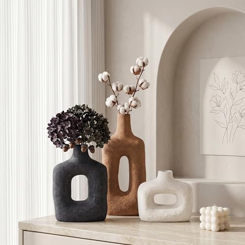 DREAMLOOM Ceramic Vase Set of 3, Black, Rust - color: Rust Red Combo - Hollow Design