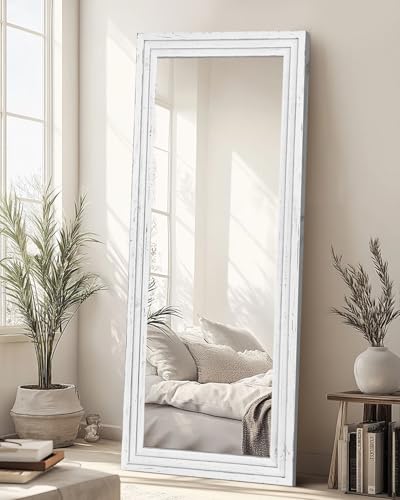 65x24in Full Length Mirror, 3-Tier Stepped Solid Wood Frame, White - color: White, size: 65"L x 24"W