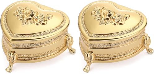 Hipiwe Vintage Metal Jewelry Box with Antique Flower Carved, Small Heart Shape Trinket Organizer Box Earrings Rings Necklace Bracelet Storage Holder, Keepsake Gift Box for Women (Pack of 2) - color: Gold, size: Small (Pack of 2)