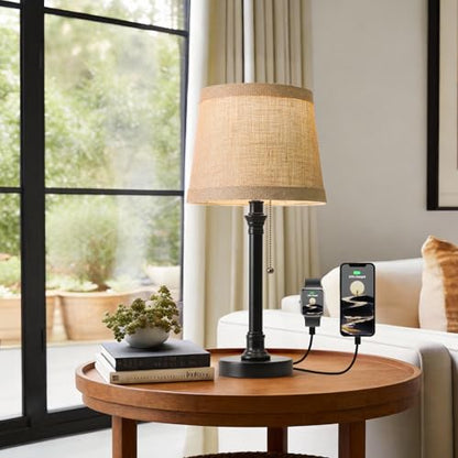 Oneach 19.5" Small Table Lamp for Bedroom, Rustic Black Lamp, USB A+C - color: Matte Black