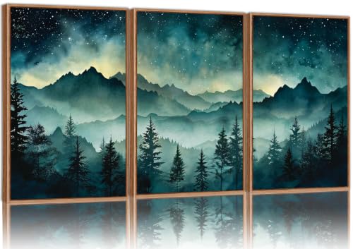 Tinonedraw Misty Mountain Framed Canvas Wall Art, Nature Forest Green Pine Tree Wall Decor, Starry Night Art Paintings, Modern Dark Night woodland Art Prints for Bedroom Living Room Office 16"x24"x3 - color: Dark Night woodland, size: 24"L x 16"W