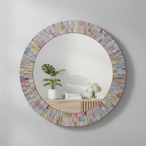 24" Round Rainbow Mosaic Wall Mirror, Multicolor Glass Tile Frame, Bohemian Decorative Accent Mirror for Living Room, Bathroom, Bedroom, Entryway, Wall Mount - color: Rainbow Multicolor