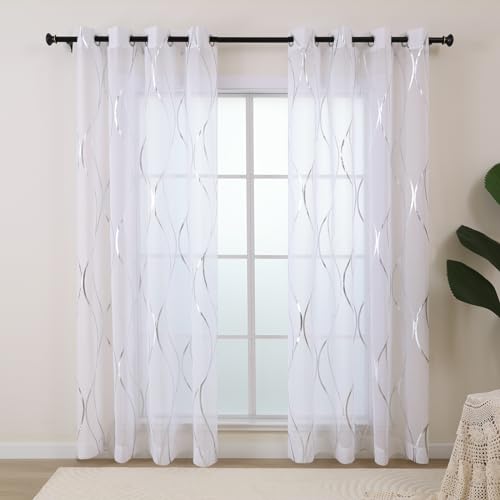 L.Z.E Silver White Curtains 96 Inches Long 2 Panels Set for Living Room Bedroom Dining Room, See Through Window Curtains & Drapes Grommet Top Transparent Sheers with Wave Patterns - color: (Grommet) Silver Waves, size: 54"W x 96"L (Pack of 2)