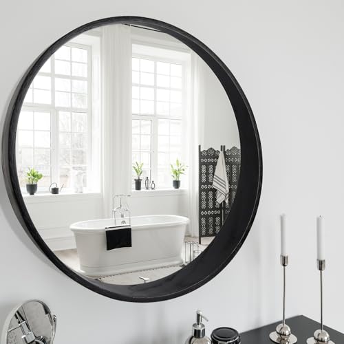 Round Oak Solid Wood Mirror, 24-Inch, Black Narrow-Top Wide-Bottom Frame, Modern Decorative Makeup Mirror for Bathroom, Bedroom, Living Room(Black, 24" x 24") - color: Black(wide-bottom)
