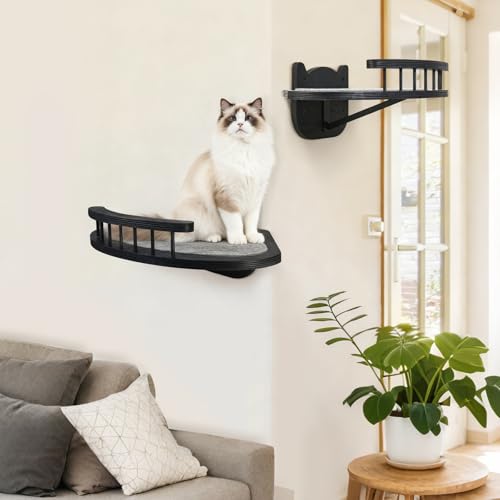 Cat Wall Shelves Furniture Set with Scratching Pad，Wooden Cat Climbing Wall Systems with 2 Perches and 3 Steps, Floating Shelves Bed Wall Mounted for Indoor Fit Up to 15Lbs (Black) - color: Black