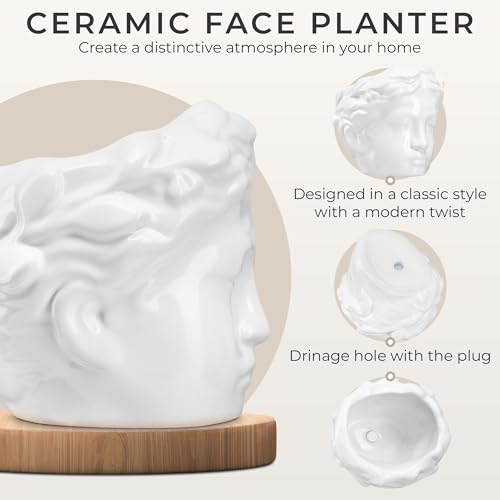Small Head Planter - Ceramic Face Planter Pots for Indoor Plants, Cute Funny Succulent Pot with Drainage Hole, Unique Gift, 3.9" - color: White
