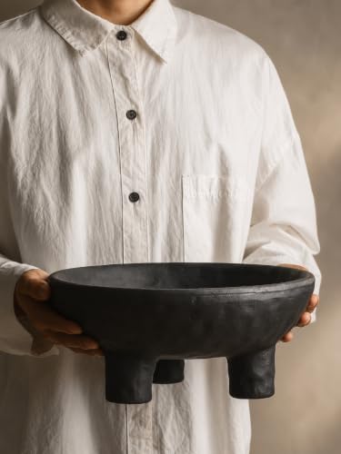 Black Concrete Decorative Bowl, 12 Inch Large Footed Bowl for Home Decor, Heavyweight Pedestal Bowl, Matte Black Centerpiece Bowl for Coffee Table, Shelf, Console, Entryway, Outdoor Styling