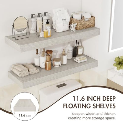 Acovy 55 Inch Floating Shelves, 12" Deep Floating Shelf Wall Mounted, 55" Wall Shelves, Rustic Deep Bookshelf, Extra Deeper & Thicker Display Shelves for Bedroom, Living Room, Set of 1 - color: Grey, size: 12"Wx55"L-1pc