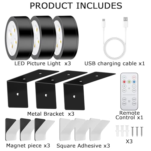 Rechargeable Battery Painting Light Picture Lights with Remote Control, Magnetic LED Art Lights for Framing, Dimmable and Timer-Equipped, 3 Lighting Modes,6Pack Black - color: Black, size: 6 Pack