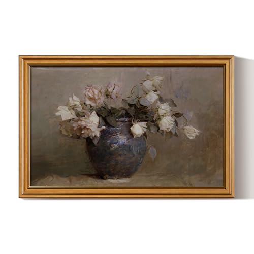 HUARCEY Framed Canvas Wall Art, Classical Roses Floral Prints, 16x24 Inch - color: Roses in Vase, size: 24"L x 16"W