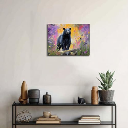 Halioyo Black Bear Canvas Wall Art, Wildflower Bear Print(12x16 in) - color: Painting-09, size: 16"L x 12"W