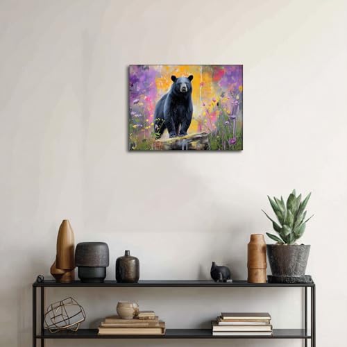 Halioyo Black Bear Canvas Wall Art, Wildflower Bear Print(12x16 in) - color: Painting-09, size: 16"L x 12"W