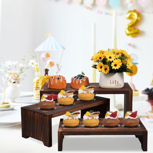 3-Tier Wooden Cupcake Stand & Display Risers, for Food Desserts & More, Sturdy & Reusable - color: Brown