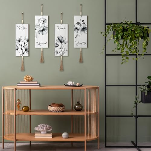 Qunclay 4 Pcs Boho Bathroom Wall Decor Relax Soak Unwind,Gray,Flower - color: Gray Flower