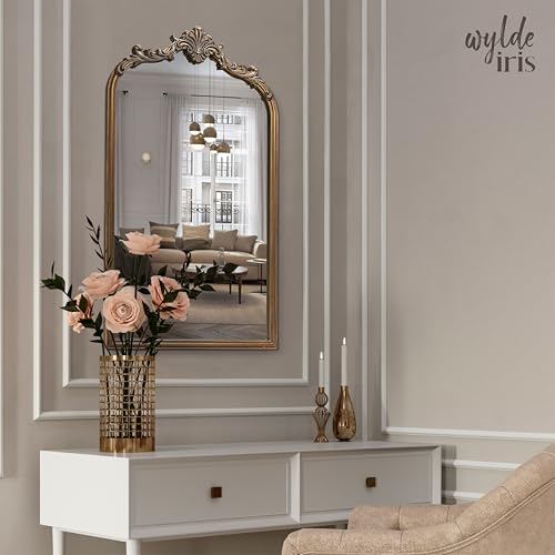 Wylde Iris English Estate Carved Arch Wood Wall Mirror, Mirror for Entryway, Living Room, Bathroom, Antique Gold, 20.4x33 - color: Antique Gold, size: 20"L x 33"W