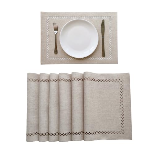 Placemats Set of 6 for Dining Table with Hollow Edge Design- Table Mats 12x 18 Inch, Cloth Place mats Machine Washable (Beige 6pcs) - color: H-beige, size: 6 pcs