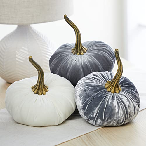 Set of 3 Velvet 6.25 Inch Pumpkins, silver platinumn accent decor, elegant luxe tablescape, tiered tray decor, cozy autumn vibe, office bookshelf, gift basket for hostess (Gray, Ivory, Platinum) - color: Gray, Ivory, Platinum