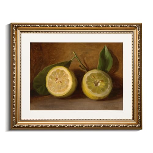 VIYYIEA Gold Framed Lemon Wall Art Fruit Vintage Canvas Print, 13×16 Inch - color: Lemon Still Life, size: 16"L x 13"W