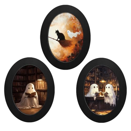 3Pcs Spooky Ghost Halloween Oval Wall Art Framed Black Cat Reading Decor | Cute Ghost Black Cat Canvas Prints Halloween Decor for Home Reading Nook Library Living Room - color: color-d