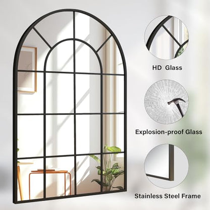 24"×36" Windowpane Arched Wall Mirror with Metal Frame, Black - size: 36"L x 24"W