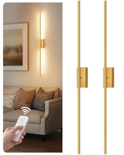 39.4" Wireless Battery Operated Wall Sconces Set of 2, Modern Rechargeable Lamp with Remote, 360° Rotation, 10000mAh, Touch Dimmable Lights for Bedroom, Living Room, Hallway, Gold D07YBP205 - color: Gold, size: 39.4 Inches