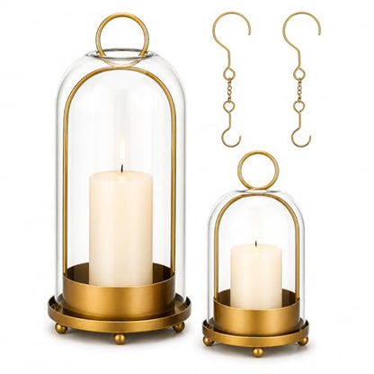Glass Candle Lantern Brass Hurricane Candle Holders Set for Pillar Candles, Tabletop & Hanging Decor for Living Room, Dining Table, Patio & Events