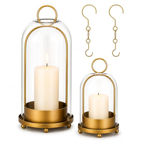 Glass Candle Lantern Brass Hurricane Candle Holders Set for Pillar Candles, Tabletop & Hanging Decor for Living Room, Dining Table, Patio & Events