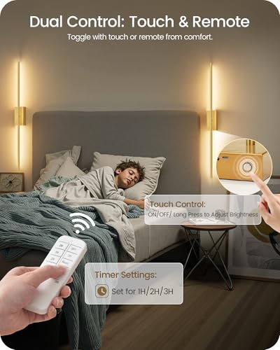34.6" Wireless Battery Operated Wall Sconces Set of Two,Rechargeable Lamp with Remote, 360° Rotation, 10000mAh Battery, Touch Dimmable Lights for Living Room Hallway Bedroom, Gold D05YBP205 - color: Gold, size: 34.6 Inches