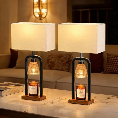PoKat 21.5'' Bedroom Table Lamps Set of 2 with Candle Warmer & Gift Box - color: Set of 2 - Metal Black With Wood-print Finish