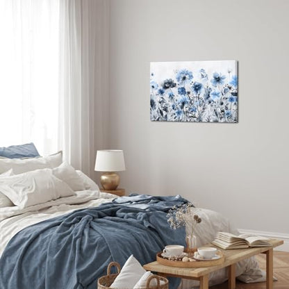 sechars Wildflowers Canvas Wall Art Abstract Flower Painting Print on Canvas Blue and Grey Living Room Bedroom Decorations (Blue) - color: Blue