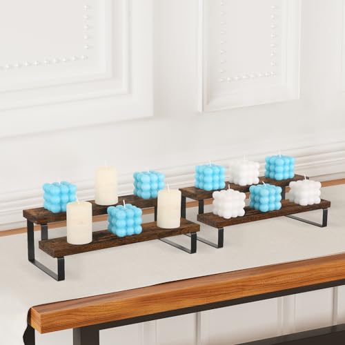 YINMIT Wooden Display Riser Stand, Tiered Perfume and Cologne Organizer Stand, 2 Tier Spice Rack Organizer, Rustic Display Shelf for Candles (2 Tier, 2 Pack) - color: 2 Tier,2 Pack,Brown