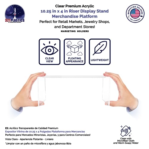 Marketing Holders 4 Pack Clear Acrylic Riser Display Stand 10 Inch Wide by 4 Inch Deep Retail Merchandise Showcase Elongated Bench Clear Plexiglass Counter or Tabletop Products Platform - size: 10.25"W x 4"D x 4.25"H