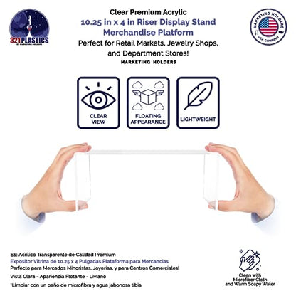Marketing Holders 4 Pack Clear Acrylic Riser Display Stand 10 Inch Wide by 4 Inch Deep Retail Merchandise Showcase Elongated Bench Clear Plexiglass Counter or Tabletop Products Platform - size: 10.25"W x 4"D x 4.25"H