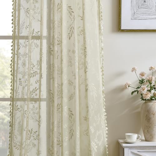 Kotile Natural Beige Sheer Curtains 63 Inch Length, Boho Floral Lace Panels - color: Beige, size: 52"W x 63"L (Pack of 2)