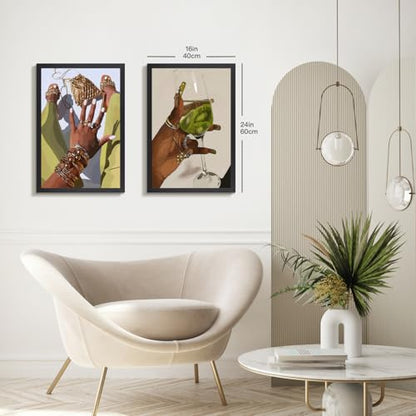 Hianan Wood Framed Fashion Black Woman Wall Art Set of 3, 12x16 in - color: Yellow-Green(Wood), size: 16"L x 12"W