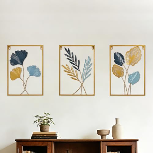 Metal Wall Art 3D Minimalist Tree Leaf Wall Sculpture Decor, Gold Framed Wall Art for Living Room Bedroom Dining Room Office - Housewarming Gifts (Gold Gray, 3 Pack) - color: Gold Gray