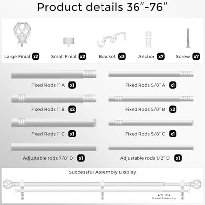Double Curtain Rod 36-76 Inch, Heavy Duty Dual Rods, White - color: Plain White, size: 36"-76"