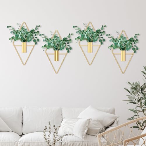 4Pcs Hanging Vase Wall Décor Metal Eucalyptus Wall Art Modern Diamond Shape Geometric Room Ornament for Living Room Balcony