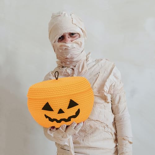 Sea Team Round Woven Cotton Rope Storage Basket with Lid, Halloween - color: Halloween, size: Small