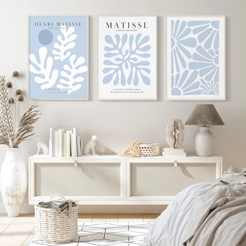 Henri Matisse Wall Art Prints Set of 3 Blue Abstract Matisse Canvas Wall Decor Aesthetic Preppy Wall Art Blue Matisse Posters Artwork Flower Minimalist Pictures for Room Bedroom 16x24 Inch Unframed - color: Blue Matisse Prints, size: 16x24 Inch Unframed
