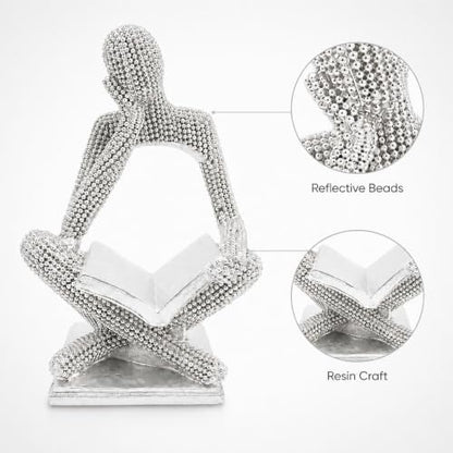 Sparkling Silver Reading Women Statue, Abstract Resin Thinker Sculptures - color: Silver Right