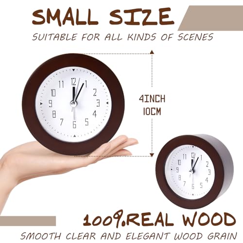 Wooden Analog Alarm Clock Silent Non-Ticking Desk Clock Battery Operated Table Clock with Nightlight for Bedroom,Children's Room, Living Room,Brown(4Inch) - color: Brown Wood