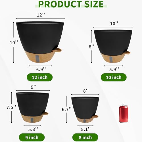 12/10/9/8 inch Self Watering Pots with Visual Water Window, Extra Large Self Watering Plant Pot with Drainage Holes and Saucers, Black Flower Pots for Indoor Plants - color: Black