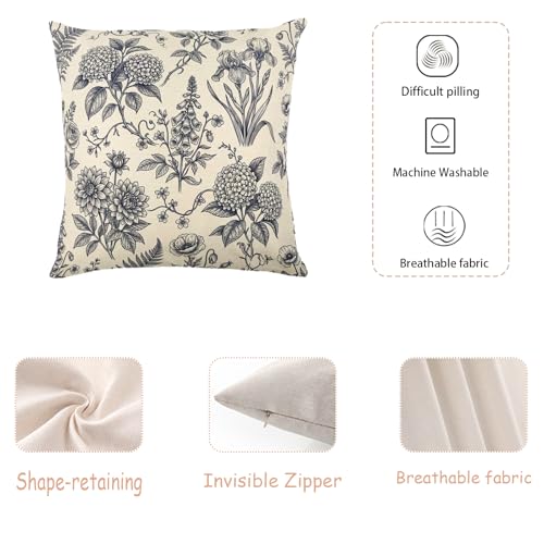 Vintage Blue Line Sketch Mixed Floral Linen Pillow Cover 18x18 Inch for Cottage Farmhouse, Insert Not Included - color: Cream-navy
