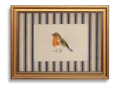 Vintage Gold Framed Bird Wall Art for Cottagecore Decor, Robin Illustration Canvas Prints, Striped Nature Artwork, Animal Oil Printings Pictures Wall Decor for Kids Room Bedroom 8x10 Inch - color: Bird, size: 10"L x 8"W