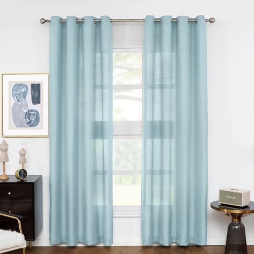 Melodieux Blue Semi Sheer Curtains 63 Inch Length for Small Windows Living Room Bedroom Linen Look Rustic Grommet Voile Drapes, 42 x 63 Inch (2 Panels) - color: Blue, size: 42"W x 63"L (Pack of 2)