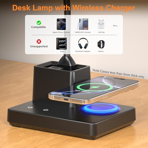 Wireless Charging Desk Lamp USB Charging & Pen Holder, Matte Black - color: Matte Black