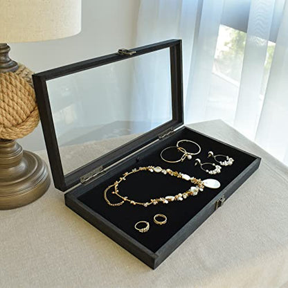 MOOCA Wooden Jewelry Display Case, Pocket Knife Display Case with Tempered Glass Top Lid and Removable Black Luxurious MDF Velvet Jewelry Pad, Black Color - color: 2) Black